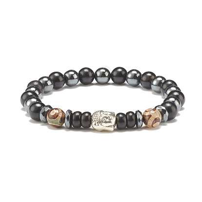 Natural Wood & Synthetic Hematite & Coconut Shell Beaded Stretch Bracelet with Buddha Head, Gemstone Jewelry for Men Women