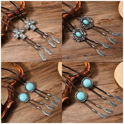 Галстук-боло из сплава с подвеской из синтетической бирюзы, ожерелье-лариата из вощеного шнура, античное серебро