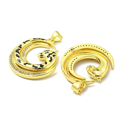 Real 18K Gold Plated Brass Pendants, with Cubic Zirconia and Enamel, Leopard Charms