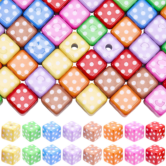 48Pcs 8 Colors Printed Opaque Acrylic Beads, Cube with Polka Dot Pattern