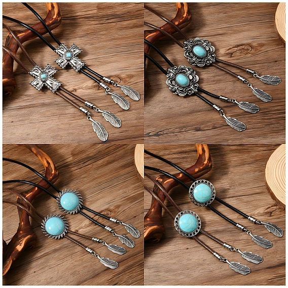 Галстук-боло из сплава с подвеской из синтетической бирюзы, ожерелье-лариата из вощеного шнура, античное серебро