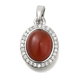 Natural Carnelian(Dyed & Heated) Pendants, Brass Micro Pave Clear Cubic Zirconia Oval Charms