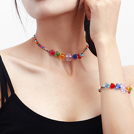 Bohemian Mixed Color Rice Bead Rainbow Love Bear Necklace Bracelet Set for Women