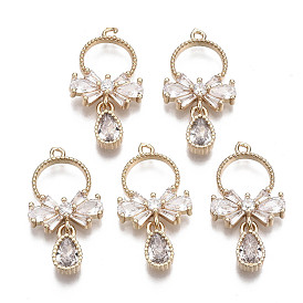 Brass Micro Pave Cubic Zirconia Pendants, Long-Lasting Plated, Ring with Teardrop, Light Gold, Clear