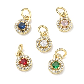 Micro pavé de zircones cubiques en laiton avec breloques en verre, charmes rondes plates, or