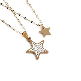 Stylish Minimalist Stainless Steel Star Pendant Necklace with Full Diamond for Women
