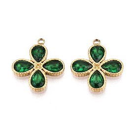 304 подвески из нержавеющей стали и стекла в форме четырехлистника, ионное покрытие (ip), реальный 18 k позолоченный, граненые