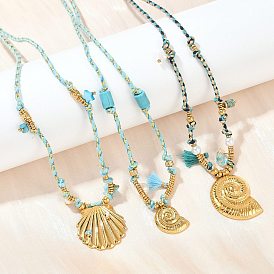 304 ожерелья из хлопкового шнура с подвеской в форме ракушки из нержавеющей стали, с синтетической бирюзой и бусинами из искусственного жемчуга ABS, ионное покрытие (ip)