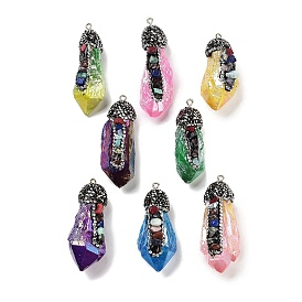 Electroplated Raw Rough Natural Quartz Crystal Big Pendants, Spray Painted Chakra Nuggets Charms with Iron Rhinestone Findings