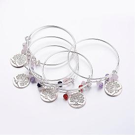 Brass Expandable Bangles, Gemstone, with Tibetan Style Tree of Life Pendants
