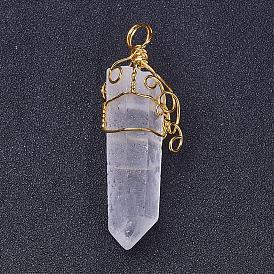 Natural Quartz Crystal Big Pointed Pendants, with Brass Findings, Bullet