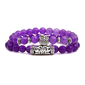 Boho Style Purple Crystal Owl Buddha Lion Charm Bracelet Set