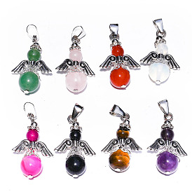 Natural Gemstone Pendants, Antique Silver Tone Alloy Angel Charms