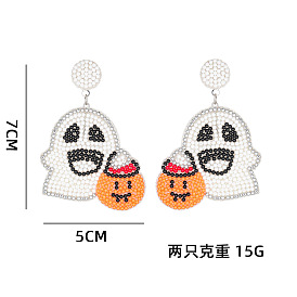 Серьги-гвоздики с подвесками из стеклянных бусин в виде тыквенных семечек в стиле привидения Хэллоуина, платина