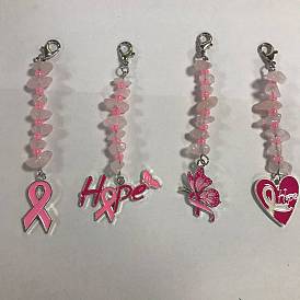 4Pcs October Breast Cancer Pink Awareness Ribbon Alloy Enamel Pendant Decoration, with Natural Rose Quartz Chips