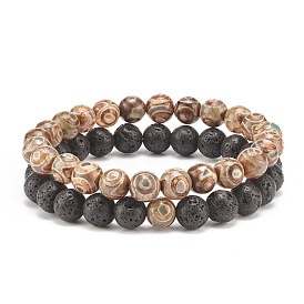 2Pcs 2 Style Natural Lava Rock & Tibetan Agate Round Beaded Stretch Bracelets Set, Essential Oil Gemstone Jewelry for Women