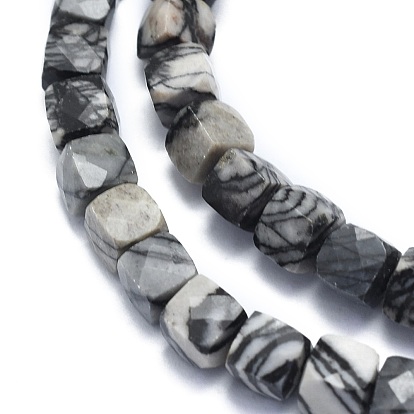 Natural Black Silk Stone/Netstone Beads Strands, Cube, Faceted