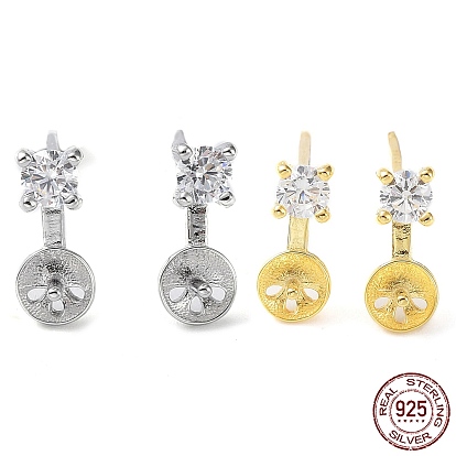 925 Sterling Silver with Cubic Zirconia Stud Earring Findings, with S925 Stamp, for Half Drilled Pearl Beads, Flat Round