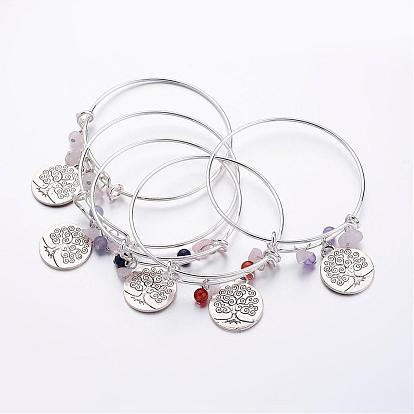 Brass Expandable Bangles, Gemstone, with Tibetan Style Tree of Life Pendants