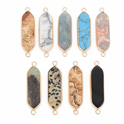 Natural Mixed Stone Connector Charms, with Light Gold Plated Brass Loops, Oval