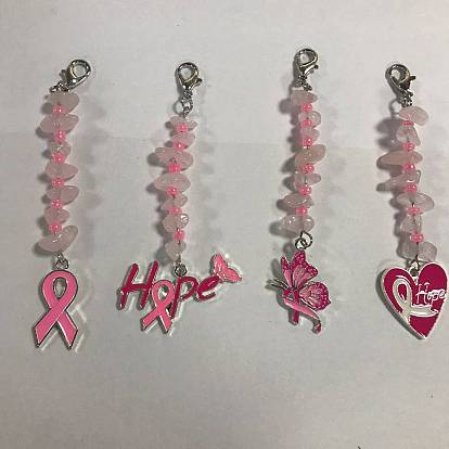 4Pcs October Breast Cancer Pink Awareness Ribbon Alloy Enamel Pendant Decoration, with Natural Rose Quartz Chips