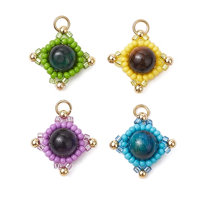 Подвески в виде звезд из натурального тигрового глаза (окрашенного и нагретого) и стеклянных бусин ручной работы, с целью перехода в кольце, золотые