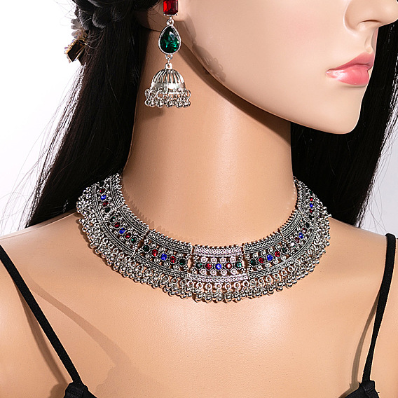 Комплекты из ожерелий и висячих серег в этническом стиле со стразами и сплавом в форме капли