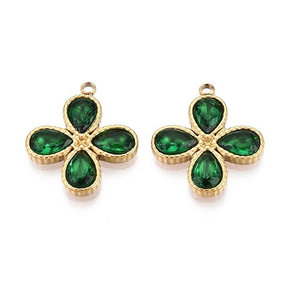 304 подвески из нержавеющей стали и стекла в форме четырехлистника, ионное покрытие (ip), реальный 18 k позолоченный, граненые