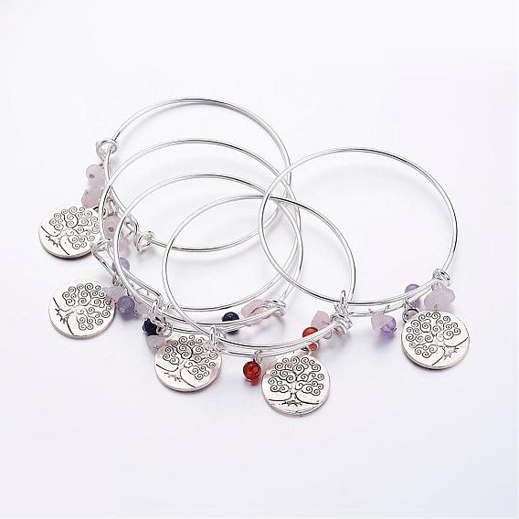 Brass Expandable Bangles, Gemstone, with Tibetan Style Tree of Life Pendants