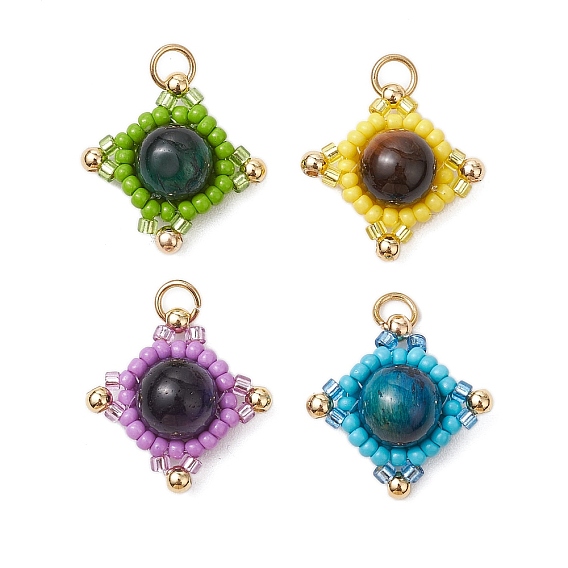 Подвески в виде звезд из натурального тигрового глаза (окрашенного и нагретого) и стеклянных бусин ручной работы, с целью перехода в кольце, золотые