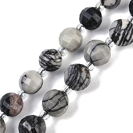 Natural Black Netstone Beads Strands, Faceted, Lantern, with Seed Beads