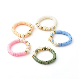 Handmade Polymer Clay Heishi Beaded Stretch Rings, with Glass Seed Beads and Brass Beads