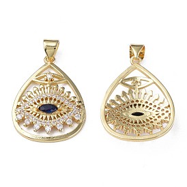Brass Micro Pave Cubic Zirconia Pendants, with Brass Snap on Bails, Nickel Free, Real 18K Gold Plated, Teardrop with Eye
