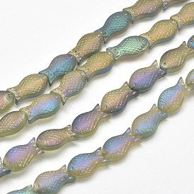 Frosted Electroplate Glass Fish Beads Strands, Rainbow Plated, 15x8x5mm, Hole: 1mm, about 30pcs/strand, 16 inch