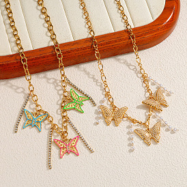 304 Halsketten aus Edelstahl, Kristall, Strass, Emaille und Imitationsperlen, Schmetterling, golden