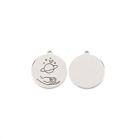 304 Stainless Steel Pendants, Flat Round with Planet Pattern