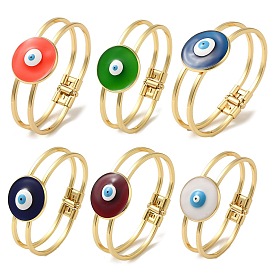Rack Plating Brass Enamel Evil Eye Hollow Bangles for Women, Real 18K Gold Plated, Long-Lasting Plated, Lead Free & Cadmium Free