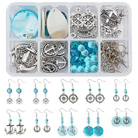 Kits de fabrication de boucles d'oreilles sur le thème de la navigation DIY, y compris les pendentifs en alliage, Pendentifs de coquillages d'eau douce, verre et perles de turquoise synthétiques, connecteurs de liens en verre en laiton, Crochets d'oreille en laiton
