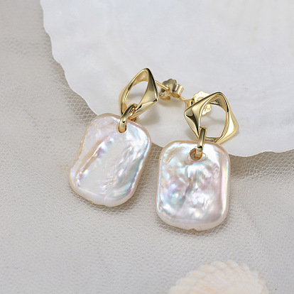925 Sterling Silver Rhombus Stud Earrings, with Rectangle Natural Baroque Pearl, with S925 Stamp
