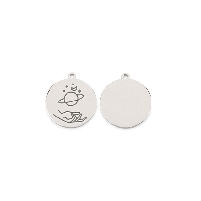 304 Stainless Steel Pendants, Flat Round with Planet Pattern