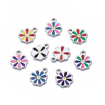 304 Stainless Steel Charms, with Enamel, Flower