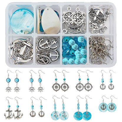 Kits de fabrication de boucles d'oreilles sur le thème de la navigation DIY, y compris les pendentifs en alliage, Pendentifs de coquillages d'eau douce, verre et perles de turquoise synthétiques, connecteurs de liens en verre en laiton, Crochets d'oreille en laiton