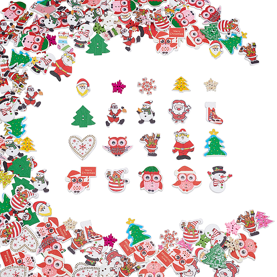 2-Hole Printed Wooden Buttons, for Christmas, for Sewing Crafting, Dyed, Snowflake