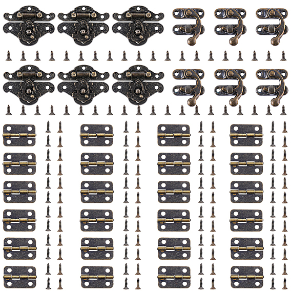 12Pcs Iron Wooden Box Lock Catch Clasps, with 24Pcs Iron Hinge and 160Pcs Iron Screws Findings