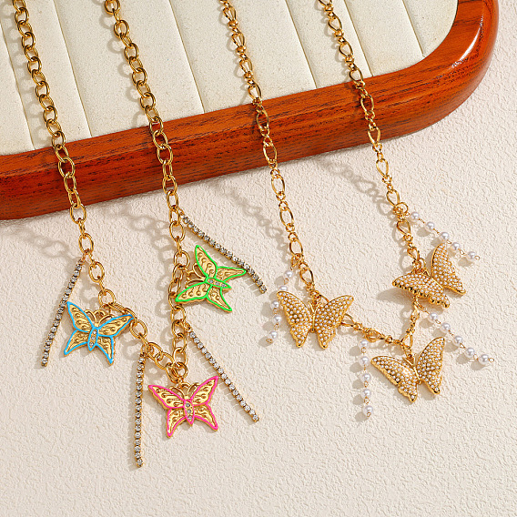 304 Colliers plastron en acier inoxydable, cristal, strass, émail, imitation perle, papillon, or