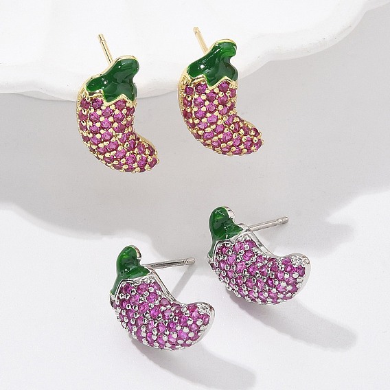 Серьги-гвоздики из латуни с микропаве из кубического циркония, с эмалью, стойки покрытие, долговечный, без свинца и без кадмия