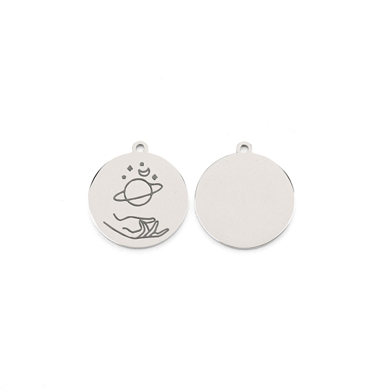 304 Stainless Steel Pendants, Flat Round with Planet Pattern