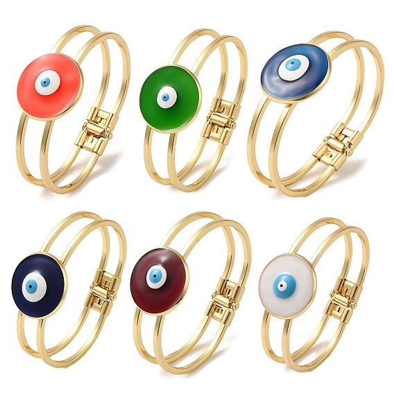 Rack Plating Brass Enamel Evil Eye Hollow Bangles for Women, Golden, Long-Lasting Plated, Lead Free & Cadmium Free