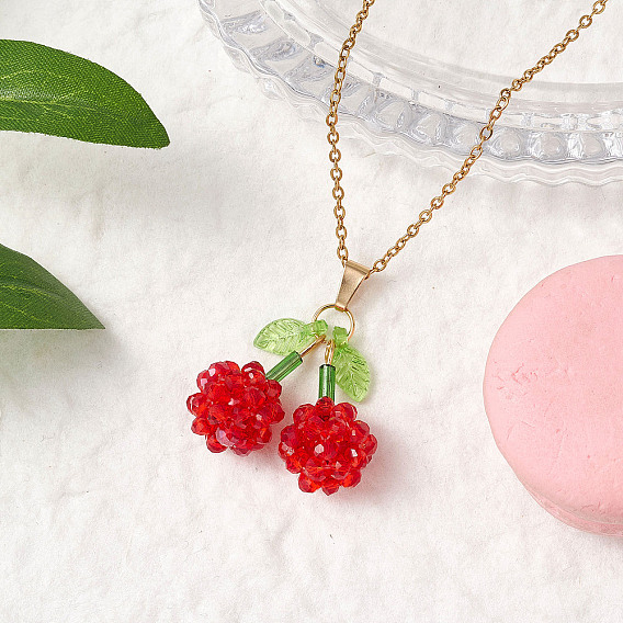 Стеклянные бусины в форме вишни с акриловыми листьями подвеска на колье, 304 ожерелья-цепочки из нержавеющей стали для женщин, золотые