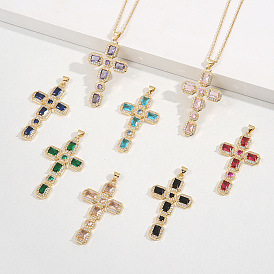 Stylish Religious Copper Cross Pendant Necklace with Zirconia Inlay for Women